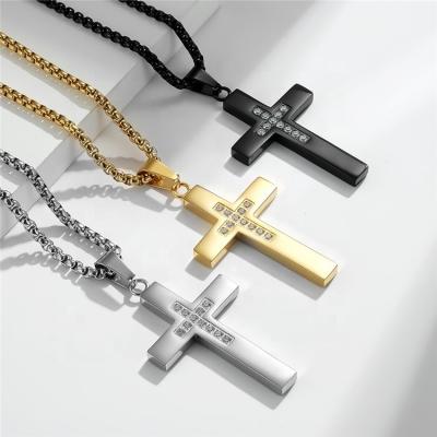 China New Men's Christian Jewelry Necklace 2023 CLASSIC Gold Stainless Steel Inlaid Cubic Zirconia Jesus Cross Pendant Necklace for sale