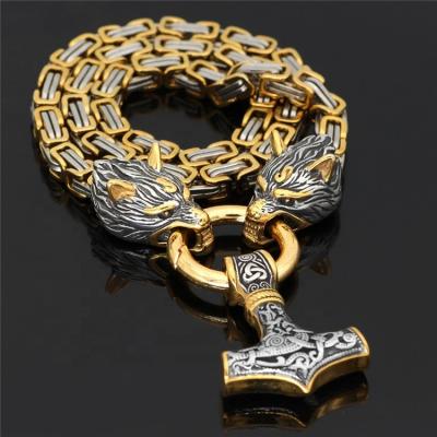 China CLASSIC Byzantine Chain Men Viking Wolf Thor Hammer Pendant Necklace Northern Punk Stainless Steel Necklace for sale