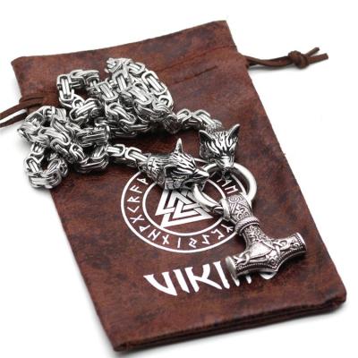 China CLASSIC Byzantine Norse Jewelry Stainless Steel Chain Necklace Viking Pendant Necklace Mens Vintage Wolf Head Thor Hammer Pendant for sale