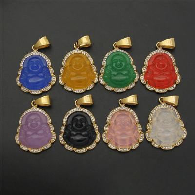 China Stainless Steel Natural Jade Religious Maitreya Buddha Necklace Multi Color Crystal Edge Buddha Pendant Necklace Latest Design CLASSIC for sale