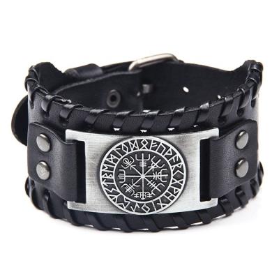 China Retro Viking Compass Leather Bracelets Men Wide Leather Cuff Bracelet CLASSIC North Metal Adjustable Buckle for sale