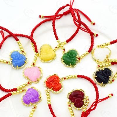 China New CLASSIC Hand & Woven Adjustable Religious Crystal Green Jade Laughing Buddha Head Charm Bracelet Healing Red Rope Jewelry for sale