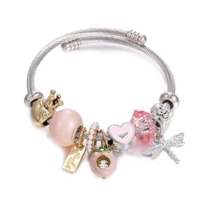 China Multi Glass Crystal Pony Charms Adjustable CLASSIC Cuff Bangle Heart Crown Wire Rope Stainless Steel Element Bracelet for sale