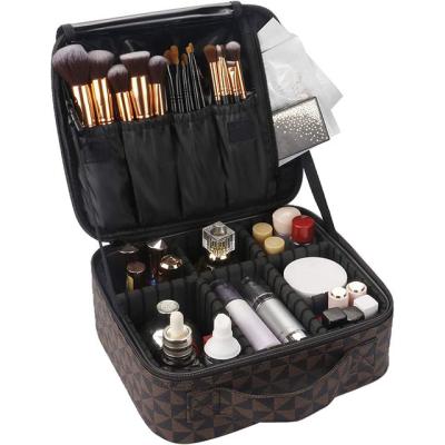 China Durable Waterproof PU Leather Cosmetic Bags Makeup Storage Case Organizer with Adjustable Dividers for sale