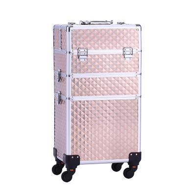 China Skin Color Dustproof Shockproof Waterproof 3 in 1 Professional Aluminum Beauty Case Storage Cosmetics Case Trolley Rolling Tool Box for sale