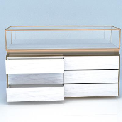 China Eco-friendly Glass Jewelry Display Marble Gold Plating Showcase Jewelry Display Set Jewelry Decoration Cabinet Showcase LED Counter Showcase for sale