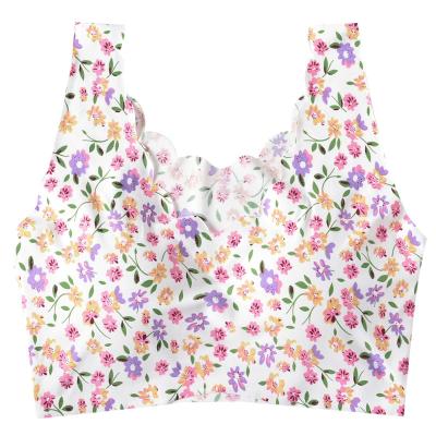 China Anti-shrink fashion small green flower printed one-piece seamless ice chest strap bra silk wrap wide underwear for sale