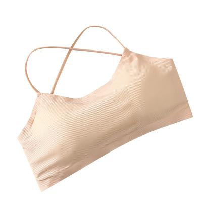 China Back Seamless Breathable Ice Silk Yarn Beauty Wrapped Strapless Cross Camisole Bra Underwear Women Chest Push Up Small for sale