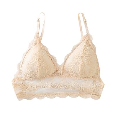 China QUICK DRY French sexy lace rimless bra ladies triangle cup wrapped breast gathered thin strapless underwear for sale