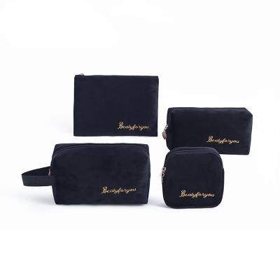 China New Cheap Vintage Velvet Cosmetic Bag Set Black Soft Big Small Make Up Bag Cosmetic for sale