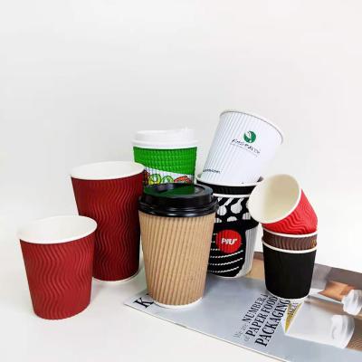 China Recyclable Double Wall Cup Wrapping Paper For Hot Coffee With Plastic Cover Customization Printing 8oz 12oz 16oz Ripple Wallpaper Cups for sale