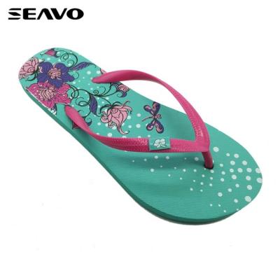 China Fashion SEAVO trend new design flower printing green ladies flip flops beach slipper for sale