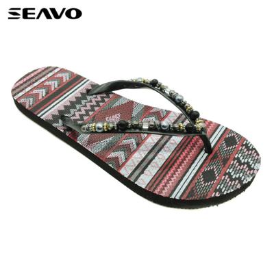 China SEAVO Flip Flops Fashion Personalized Pearl Decoration Style Upper Cheap Women Black Flip Flops for sale