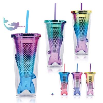 China Amazon Hot Selling Products Viable Hot Straw Cup Gradient Mermaid Tail Double-Layer Plastic Plated Fish Tail Glitter Water Cup for sale