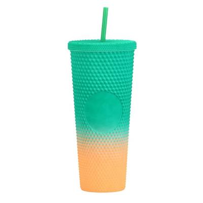 China Amazon Diamond Cup 710ml Summer Cold Water Cup Tumbler With Straw Double Layer Plastic Durian Viable Coffee Mug for sale