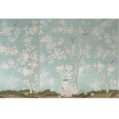 China Hand Painted Beauty Chinoiserie Wallpaper on Blue Tea Paper for sale