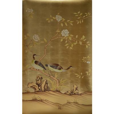 China Beauty Hand Painted Artwork, Chinoiserie Hand Painted Wallpaper on Metallic Gold for sale