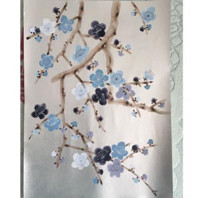 China Beauty Home Decor Plum Blossom Hand Painted Wallpaper on Silver Metallic for sale