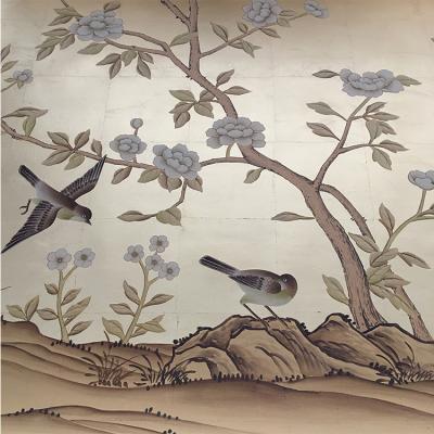 China Hand Made Beauty Wallpapers , Hand Painted Chinoiserie Wallpaper On Metallic Gold for sale