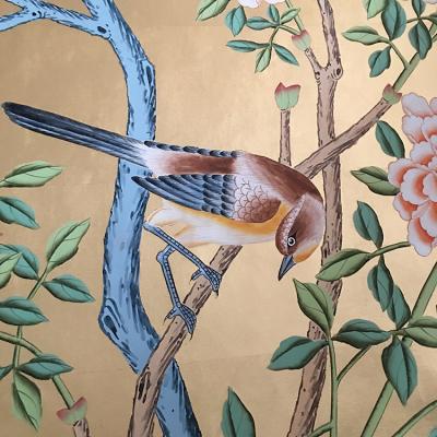 China Beauty Gold Metallic Chinoiserie Hand Painted Wallpaper For Home Decor for sale