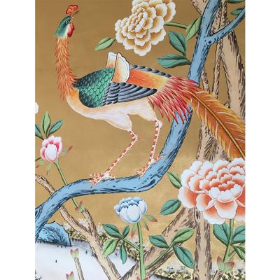 China Beauty Chinese Silk Hand Painted Wallpaper on Metallic Gold for Home Hotel for sale