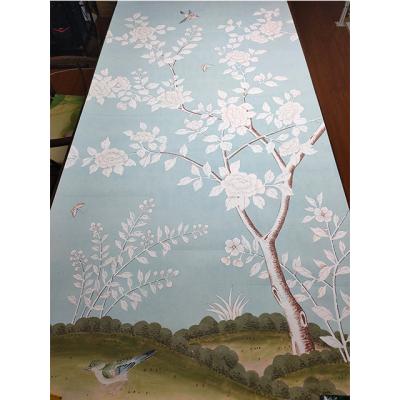 China Beauty Floral Chinoiserie Hand Painted Wallpaper on Blue Tea Paper for sale