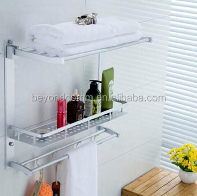 China Workable Aluminum Folding Movable Towel Rack Cosmetic Holder Tray Rack Bathroom Shelf Three Layer Combination Hole Shelf Storage for sale