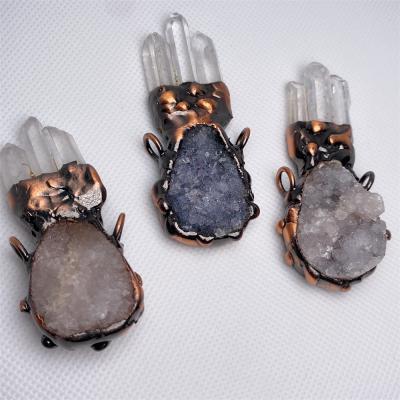 China FASHIONABLE nature agate druzy crystal pendant with clear quartz crystal point pendant for necklace jewelry making for sale