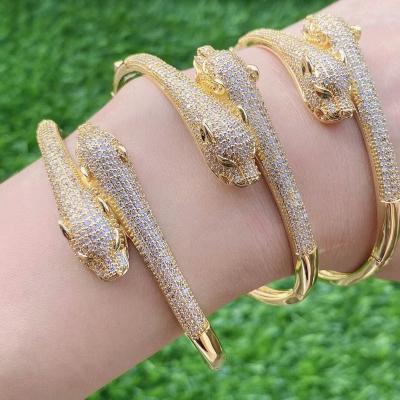 China TRENDY 24K Gold Plated Leopard Snake Jewelry Women Luxurious Adjustable Tasty Zircon Cuff Bracelet for sale