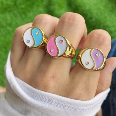 China BOHEMIA 24K Gold Plated Adjustable Enamel Yin Yang Gold Tone Rings yin yang ring jewelry for sale