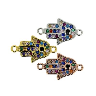 China Trendy Gold Plated 24K Micron Paved Zircon Hamsa Hand Connector Fatima Hand Jewelry for sale