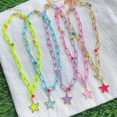 China TRENDY Women Gold Plated 2021 Enamel Heart Star Charm Brass Chain Necklace Trendy Jewelry for sale