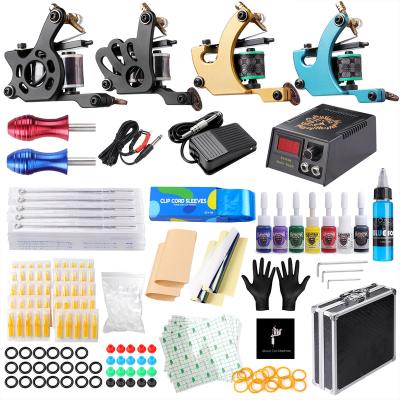 China Long Time Portable Lasting New Quality Professional Premium Brass Coil Tattoo Machine Full Set Body Art Tattoo Kits With 4 Guns for sale