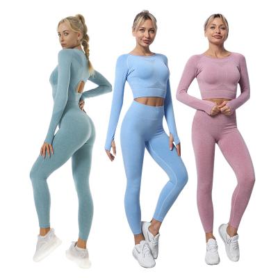 China UGOO 2 Pcs Breathable Yoga Set Autumn Winter Seamless Knitted Sports Long Sleeve And Legging Sets for sale