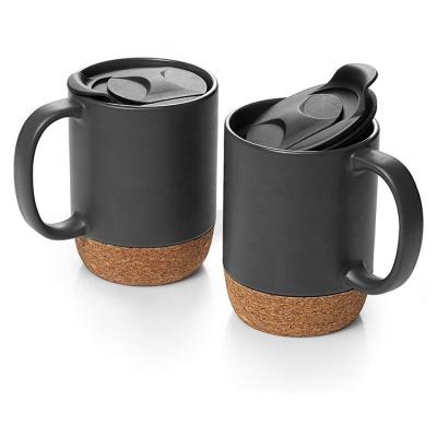 China Viable Hot Sales Wholesale 15oz Cork Base Ceramic Mugs Matte Black Porcelain Wooden Mugs With Lid And Handle for sale