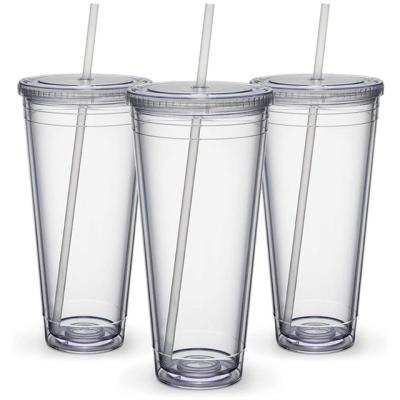 China FGA BPA Free 10oz 16oz 25oz Disposable Empty Plastic Water Cup Double Wall Tumblers With Straw for sale