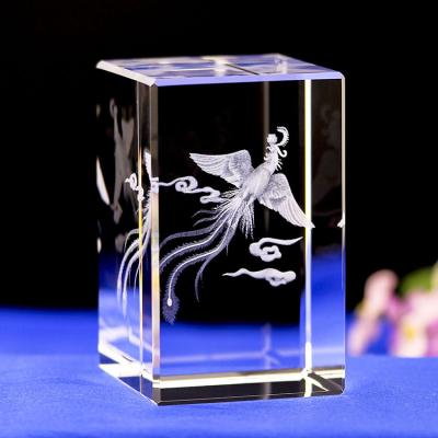 China Europe 2021 Custom Design 3D Laser Engraved Phoenix Crystal Cube OEM Glass Cube Ornaments For Souvenir Gift for sale