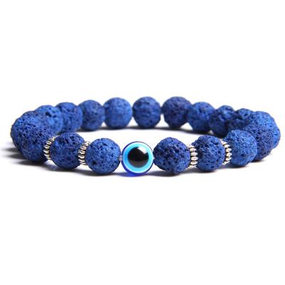 China Hot European Vintage Evil Amazonian Lapis Lazuli Turquoise White Eyes Handmade Elastic Beaded Bracelet For Men 6 Colors To Choose for sale