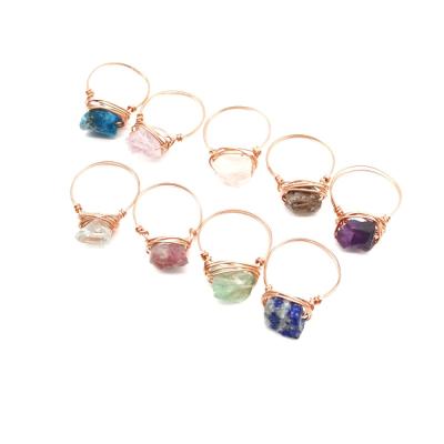 China High Quality Natural Colored DEAR CRYSTAL Round Shape Stone Rings Handmade Religious Popular Brass Wire Wrap For Women Gift for sale