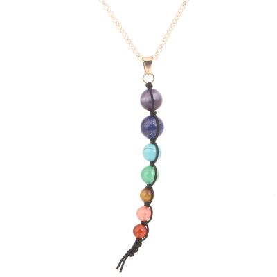 China Simple Seven Color Shambhala Bead Chakra Necklace String Knitted Alloy Sweater Pendant Necklace for sale