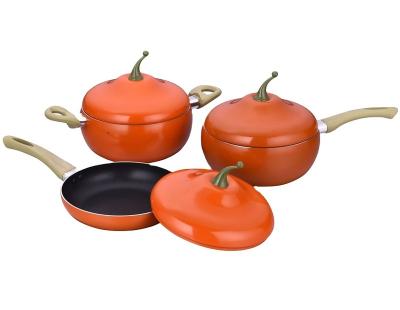 China Sustainable Aluminum Cooking Pot Set Non Stick Round Shape Household Kitchenware Cookware Sets Home Kitchen Induction Hot Sale Orange for sale