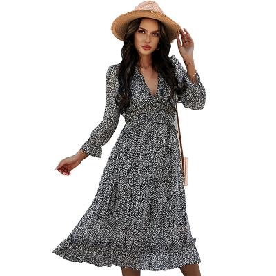 China Women's Clothing New 2021 Spring And Summer Washable Our Popular Simple V-Neck Printed Dress For Women Mid-calf Dress Party Casual Dress for sale