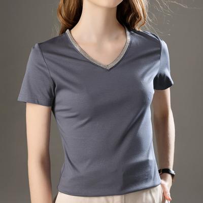 China 2020 new women's QUICK DRY tops double-sided mercerized V-neck T-shirt sheathed cotton shorts for sale