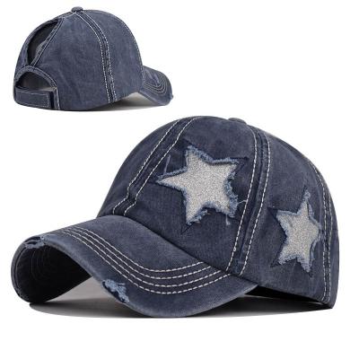 China COMMON 100% Cotton Washed Star Applique Ladies Ponytail Baseball Cap Contrast Stitch Hat Distressed Hat for sale