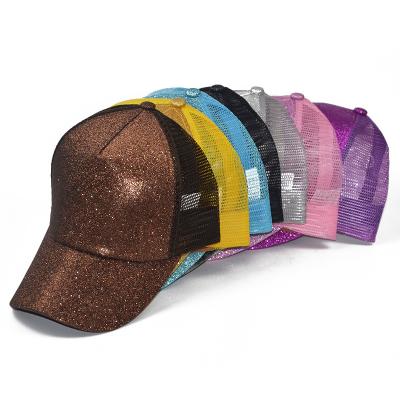 China COMMON Wholesale Glitter Front Mesh Ponytail Trucker Hat 5 Back Panels Curved High Brim Multi Color For Single Sport Hat Glitter for sale