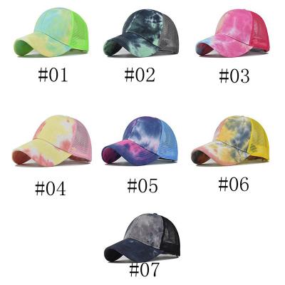 China COMMON Wholesale Cotton Front Tie Dye Hole Ponytail Mesh Trucker Hats Ladies Top Accessories Mesh Ponytail Hats Hat for sale