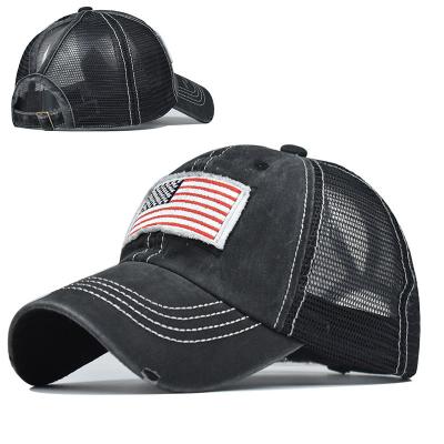 China JOINT Wholesale Stock Washed Cotton Front Mesh Ponytail Trucker Hat USA American Flag Embroidery Distressed Back Hat for sale