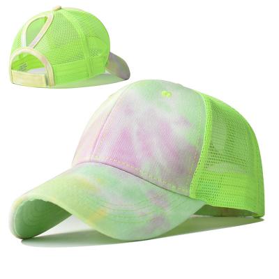 China COMMON Wholesale Hot Selling 6 Panels Women Trucker Tie Dye Breathable Holes Ponytail Hat Back Adjustable Hat for sale