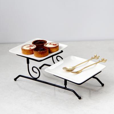 China Cheap Elegant Tiered Ceramic Square Buffet Wrought Iron Folding Two Tier Cake Display Stand Set For Wedding Party Decoration for sale