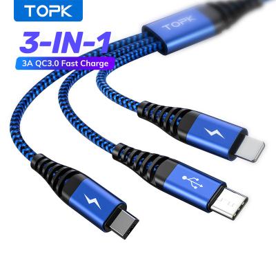 China MP3/MP4 Player TOPK AN24 1.2M 3A Fast Charging 3 IN 1 Nylon Braided Type C Data Mirco USB Cable for sale